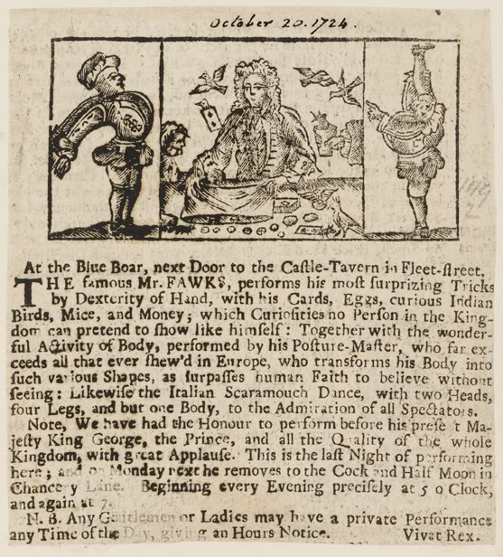 Advertisement for Isaac Fawkes' show from 1724 in which he boasts of the success of his performances for the King and Prince George