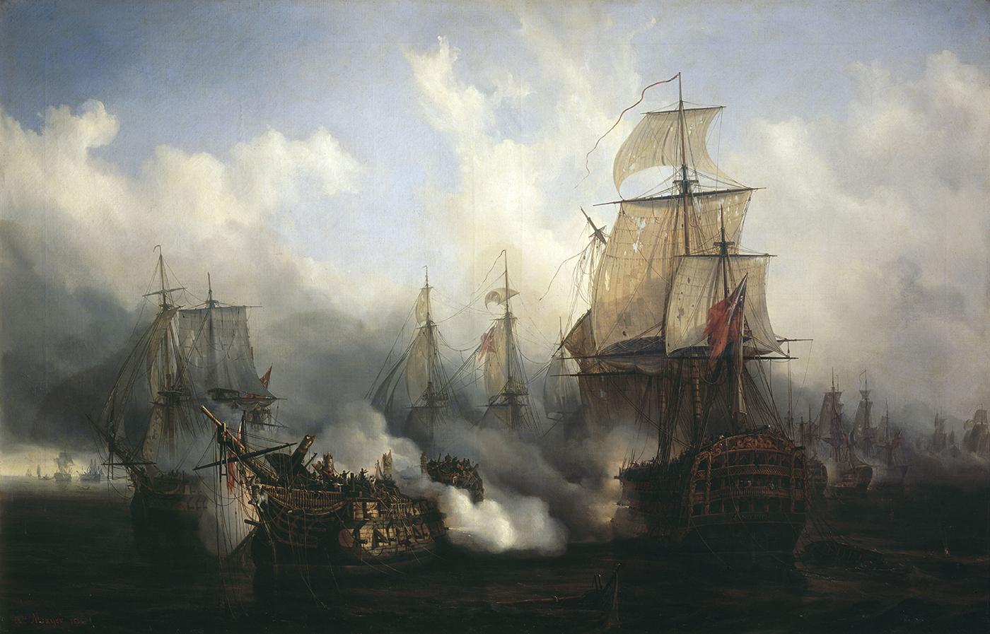 The British HMS Sandwich fires to the French flagship Bucentaure (completely dismasted) in the battle of Trafalgar. Bucentaure also fights HMS Victory (behind her) and HMS Temeraire (left side of the picture). HMS Sandwich never fought at Trafalgar and her depiction is a mistake by the painter