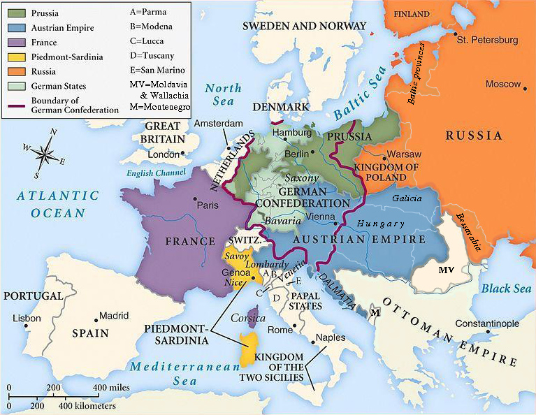 The national boundaries within Europe are set by the Congress of Vienna, 1815
