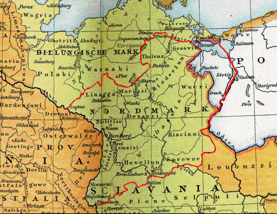The Northern March (outlined in red) between the Billung March in the north and the Saxon Eastern March (March of Lusatia) in the south. Both the Billung March and the North March were lost following the Great Slav Rising.