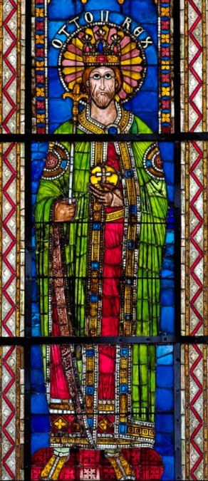 Otto II, from a series of Holy Roman emperors (12th and 13th centuries); the panels are now set into Gothic windows, Strasbourg Cathedral