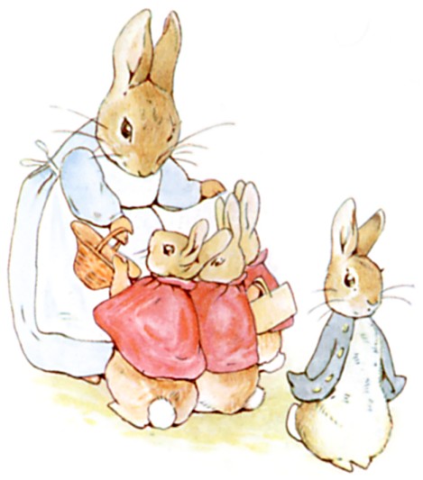 Peter Rabbit with his family, from The Tale of Peter Rabbit by Beatrix Potter, 1902 - Stories Preschool