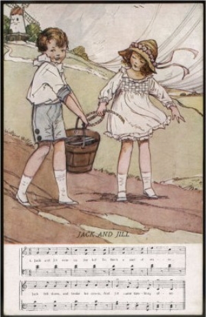 Jack and Jill: A postcard illustration of the rhyme by Dorothy M. Wheeler, c. 1920