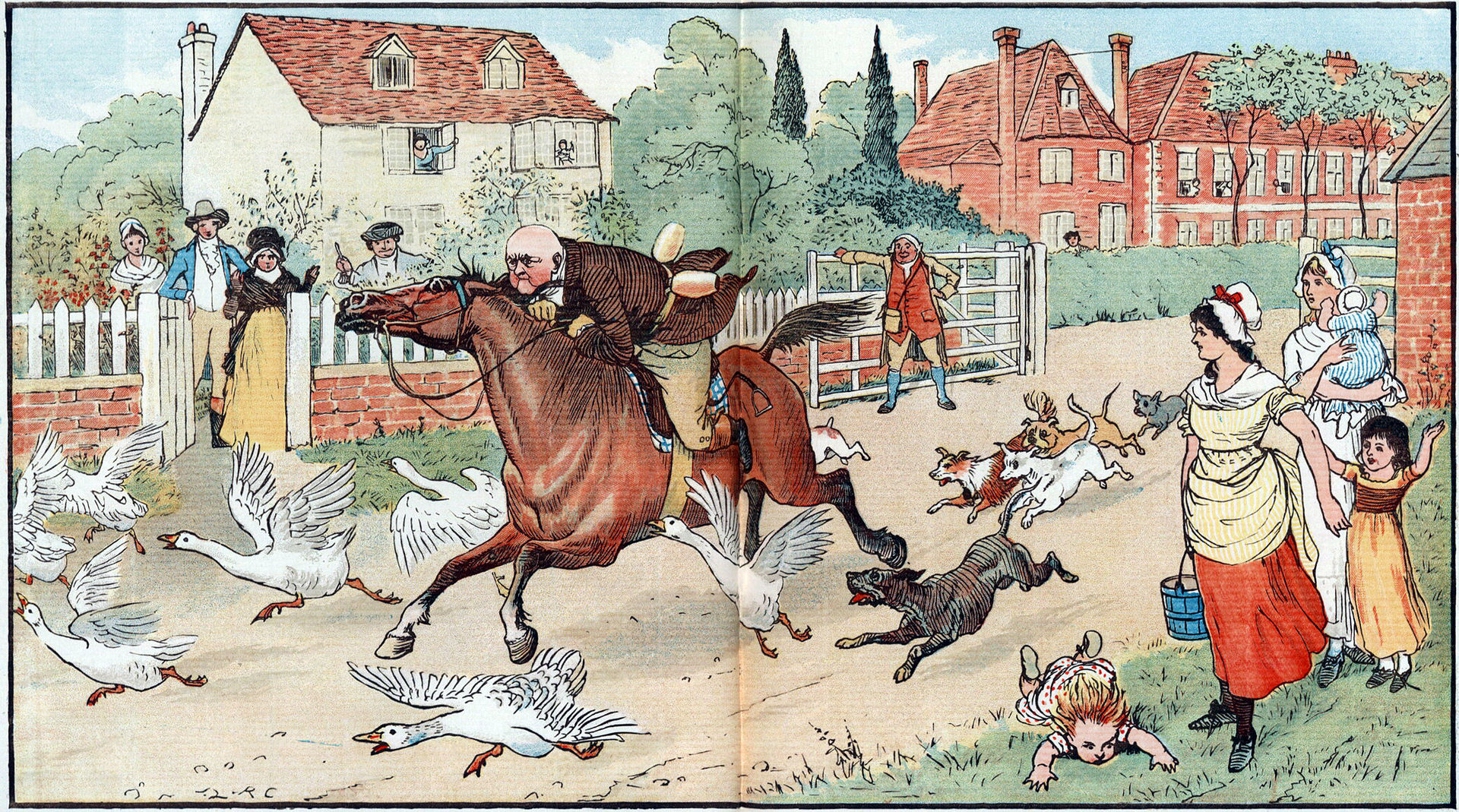 Randolph Caldecott used a double spread (illustration across two pages) for this illustration in The Diverting History of John Gilpin