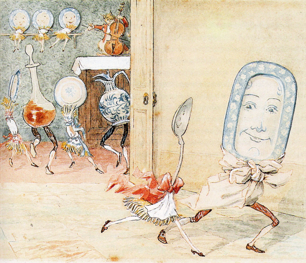 The spoon runs away with the dish – a Randolph Caldecott illustration from a nursery rhyme - Stories Preschool
