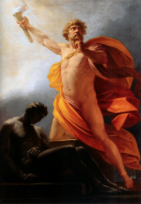 Prometheus Brings Fire by Heinrich Friedrich Füger. Prometheus brings fire to mankind as told by Hesiod, with its having been hidden as revenge for the trick at Mecone