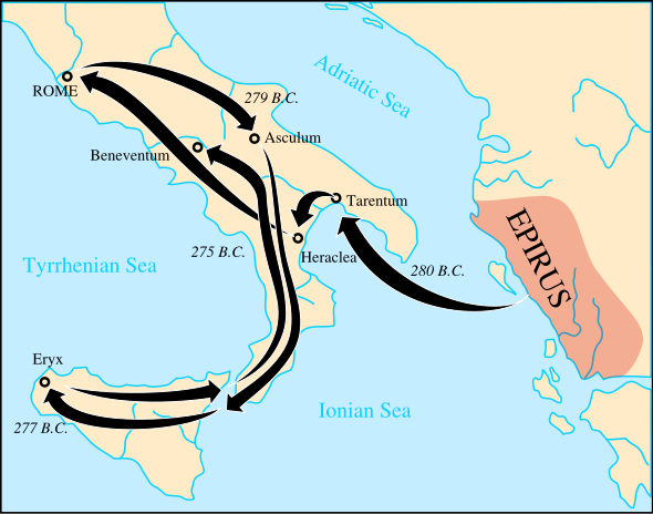 The route of Pyrrhus of Epirus during his campaigns in southern Italy and Sicily