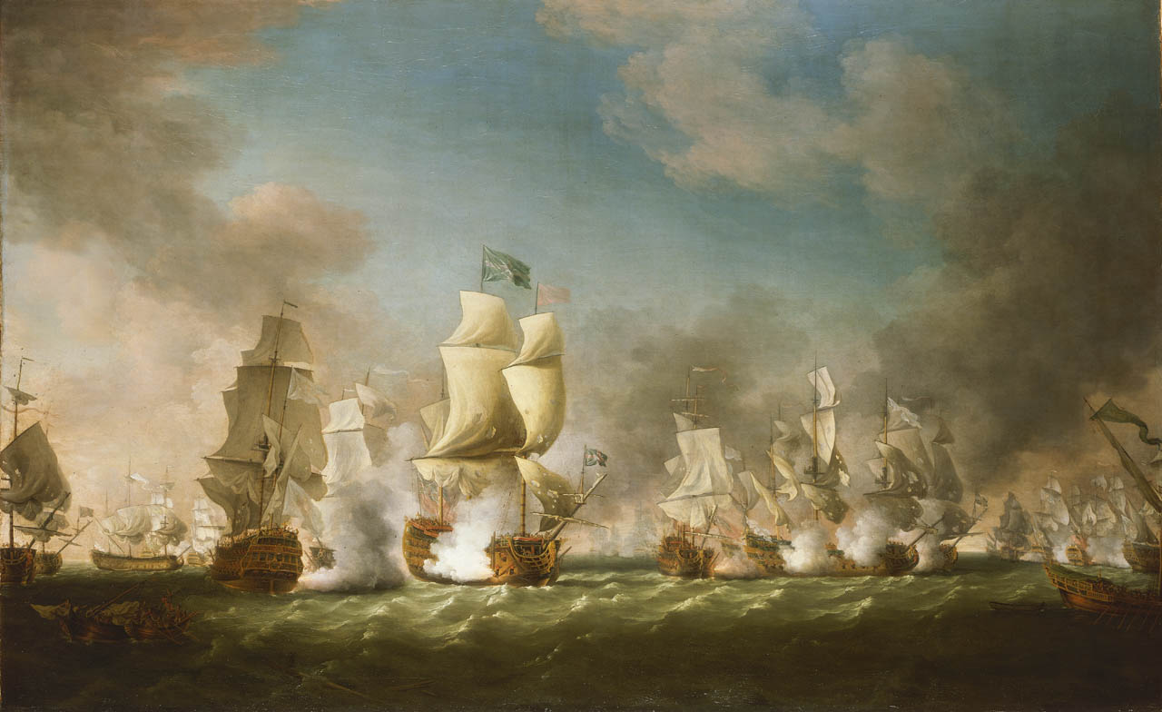 In this painting, created half a century after the event, the action is shown at about 4 o'clock. Byng's flagship the 'Barfleur', 90 guns, is prominently depicted firing her starboard broadside, in starboard-bow view left of centre, into the 'San Luis', 60 guns. On the right, the principal Spanish flagship, the 'Real San Felipe', 74 guns, is shown in starboard-broadside view being raked from the stern by the 'Superbe', 60 guns, and hauling down her flag. This fire is being returned by a Spanish rear-admiral in port-quarter view, and by another Spanish ship which is seen in port-bow view on the 'Barfleur's' quarter, almost obscured by smoke. To the left of this group a Spanish ship lies in starboard-quarter and broadside view, with her colours struck. To the left of her are the bows of an English ship beside a further prize. On the right of the painting, in the distance, another Spanish Rear-Admiral is sailing out of the picture, hotly engaged on both sides. Of the Spanish fleet, 16 were taken and seven burnt. The artist started his painting career as an assistant to a ship's painter on Sir Charles Knowles's ship, and he rose to become one of the principal painters of naval actions of the 18th century. The painting was exhibited at the Society of Artists in 1767 and 1768