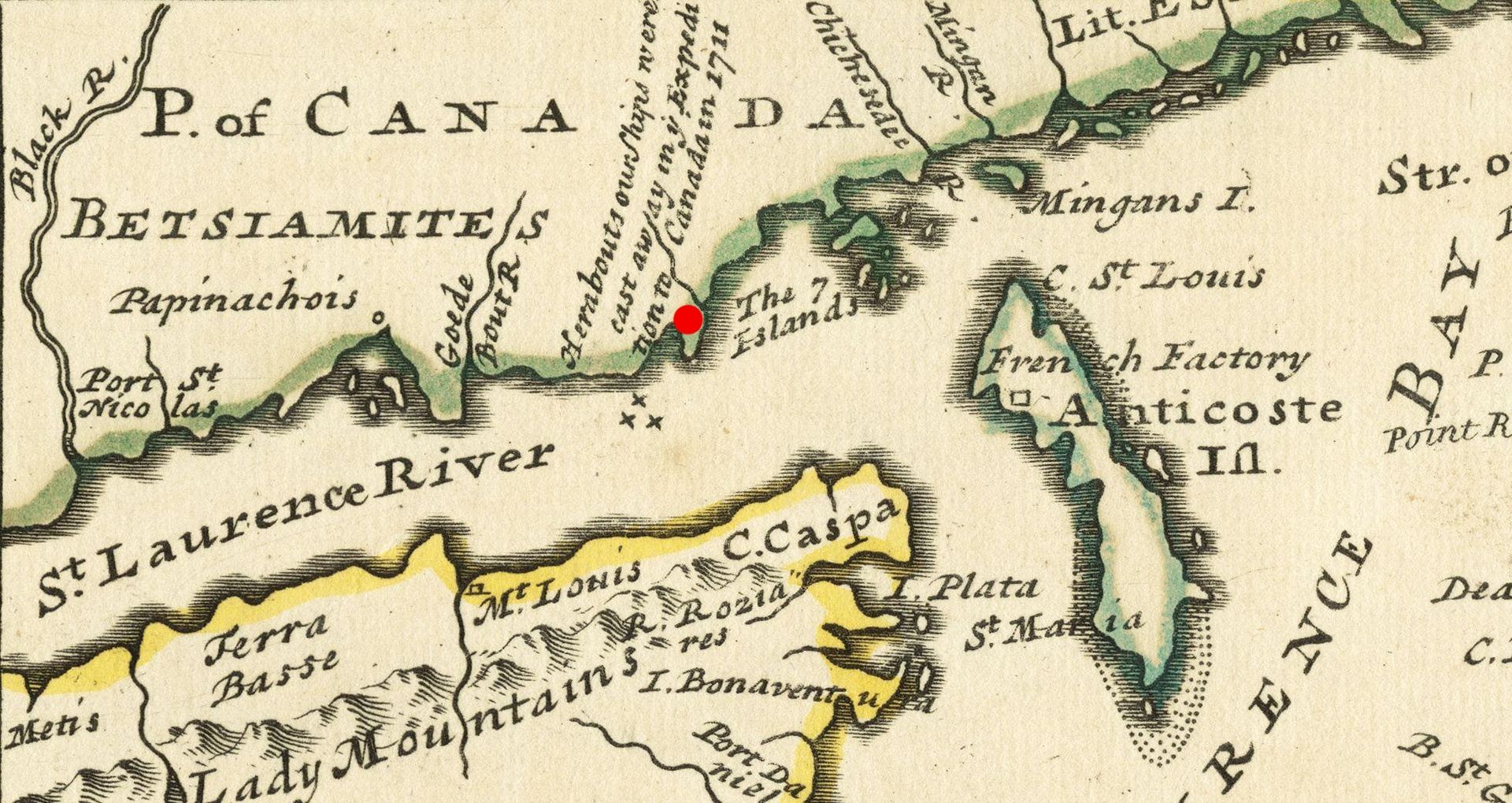 Detail from a 1733 map with the site of the Walker expedition's disaster marked in red
