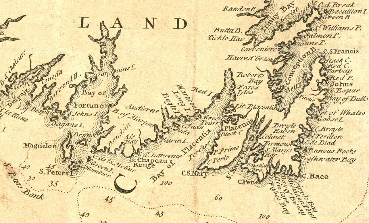 This detail from a 1744 map shows the Avalon Peninsula of Newfoundland, where most of the conflicts took place