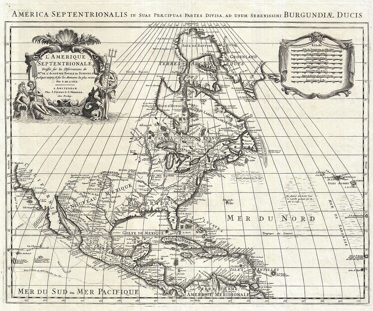 1700 map by Guillaume De L'Isle of North America, reissued by Covens and Mortier in 1708