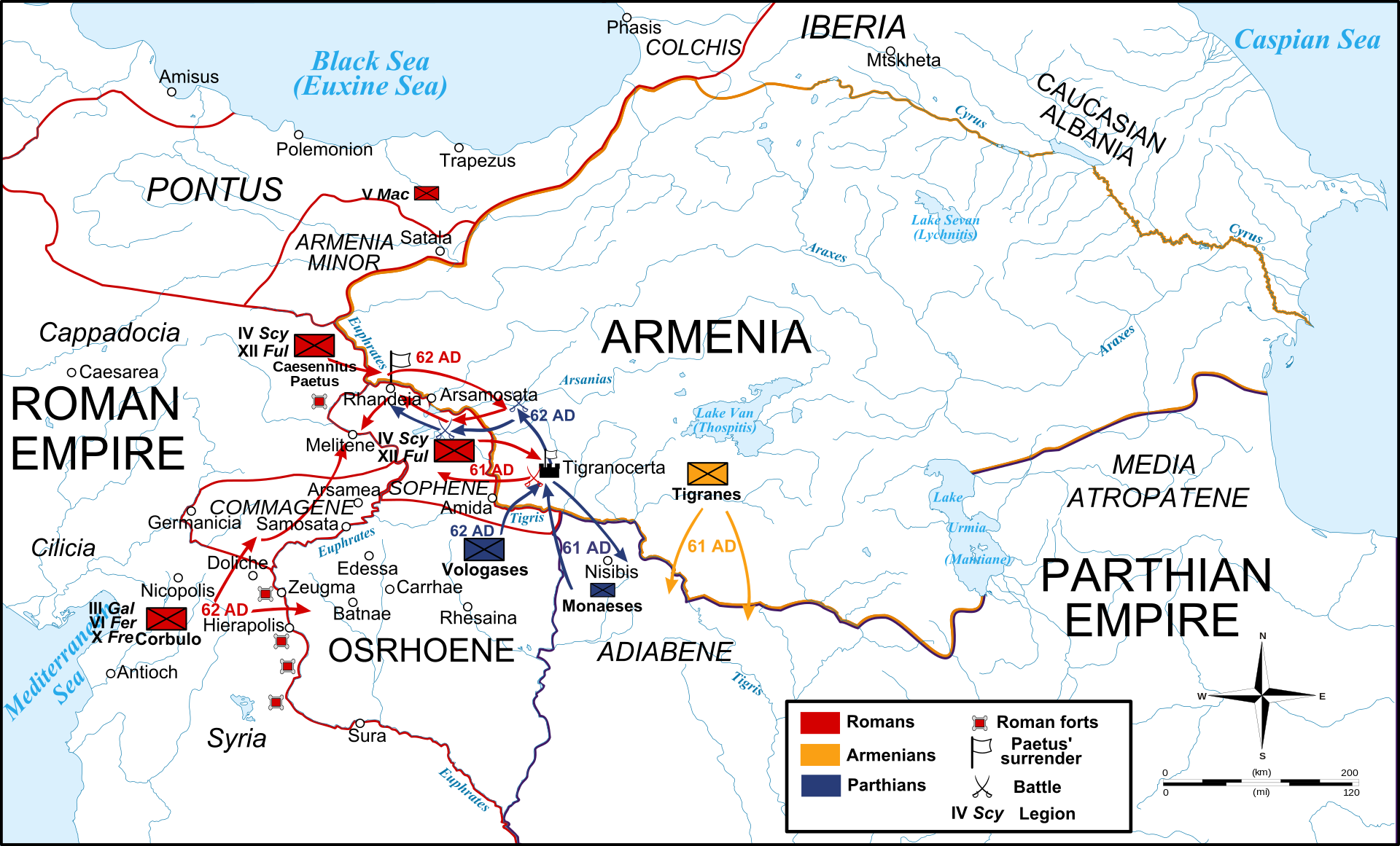Operations during the final years of the war: the raids of Tigranes into Parthian territory provoked a Parthian counterattack, which culminated in the surrender of the Roman army of L. Caesennius Paetus.