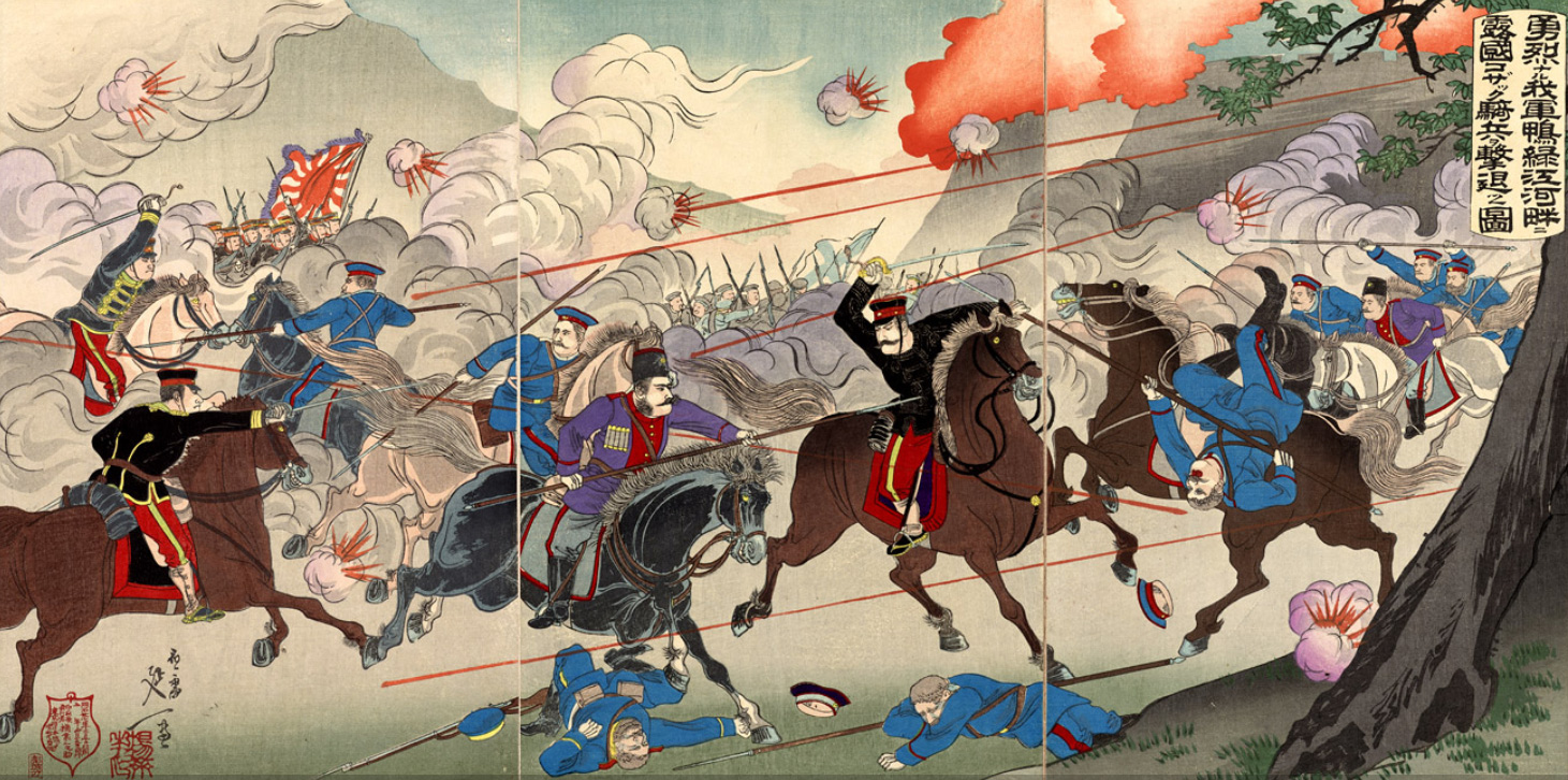 Picture of Our Valorous Military Repulsing the Russian Cossack Cavalry on the Bank of the Yalu River by Watanabe Nobukazu (1874–1944), March 1904