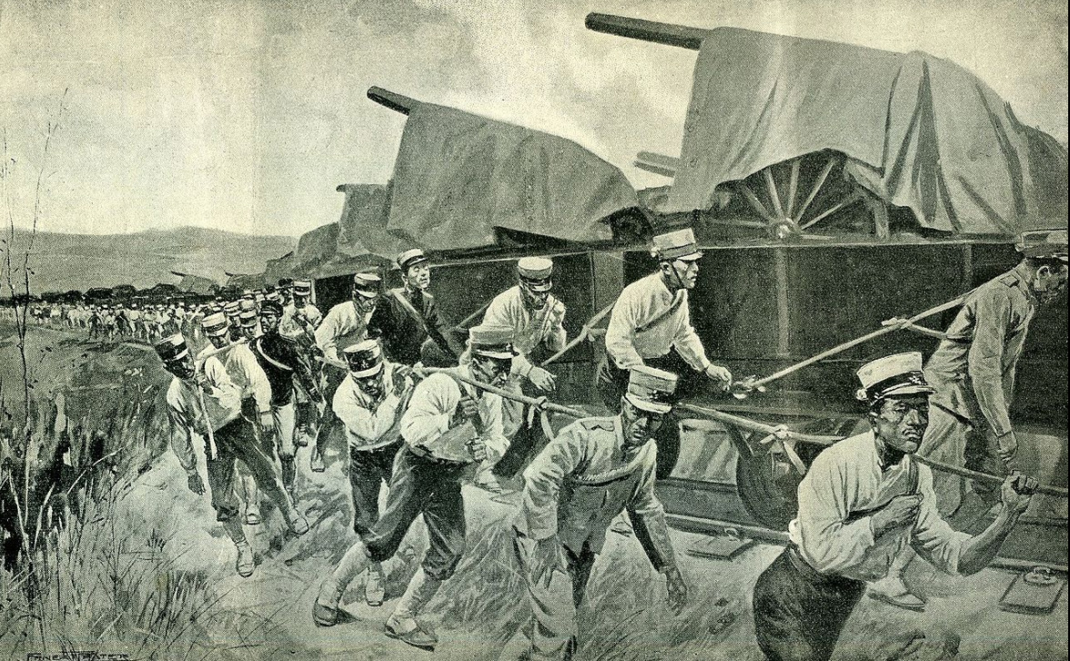 Due to a lack of locomotives, teams of 16 Japanese soldiers worked to haul freight cars north to Tashihchiao