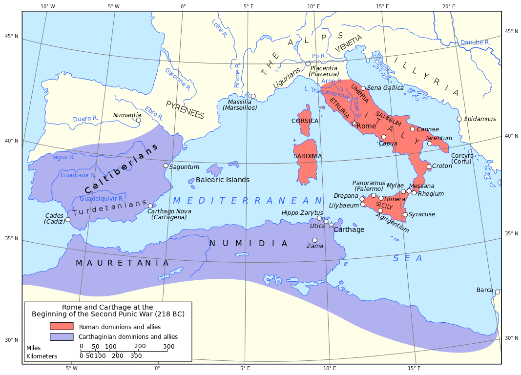 Map showing Rome and Carthage at the start of the Second Punic War and the theatre of the Punic Wars