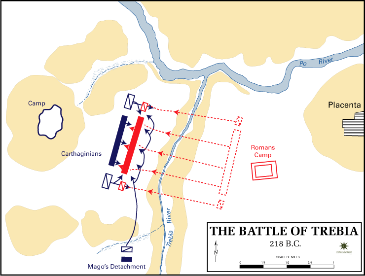 The battle of Trebia, 218 B.C., second Punic War, between Carthaginians and Romans