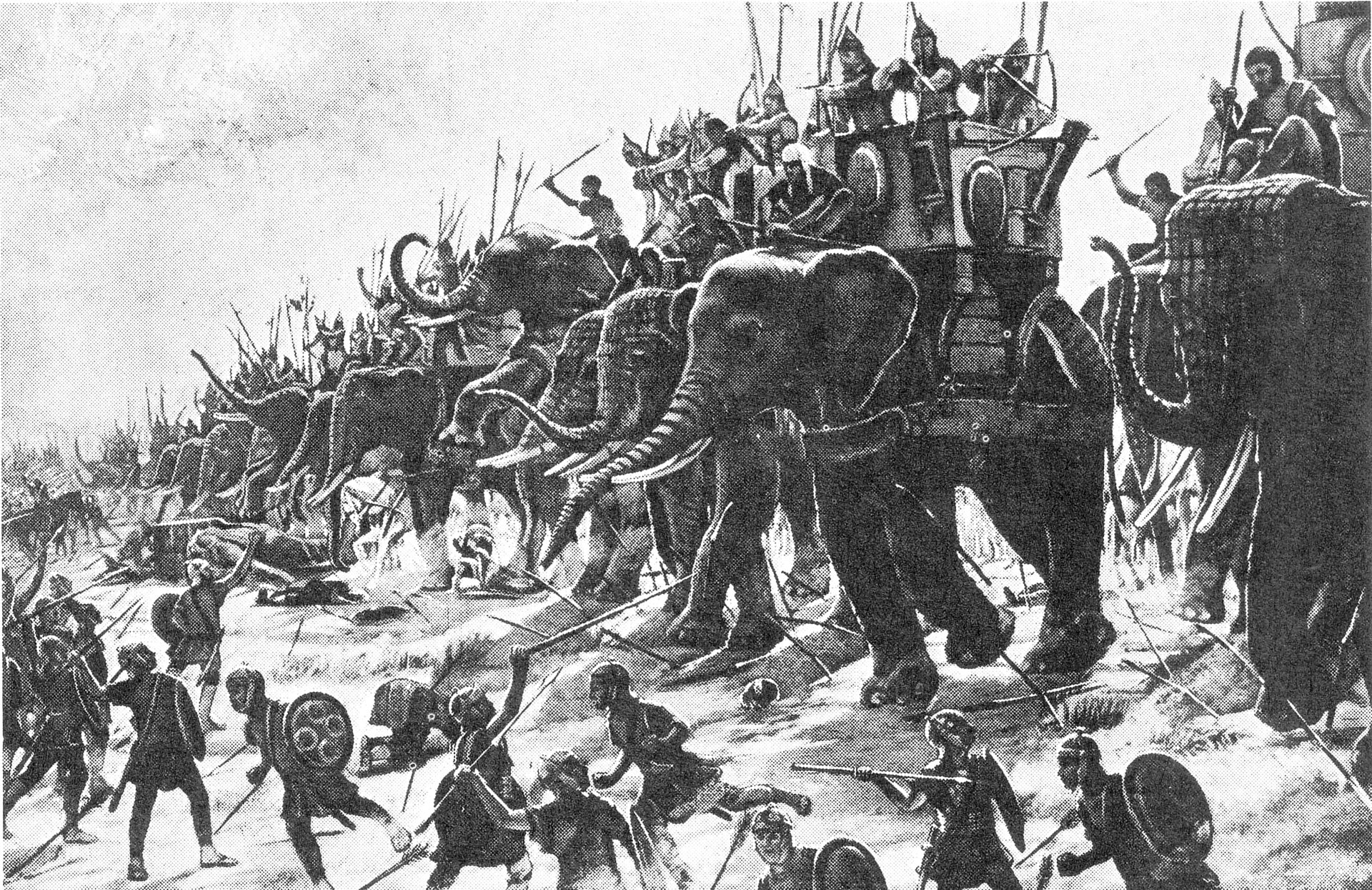 Carthaginian war elephants engage Roman infantry at the Battle of Zama (202 BC)