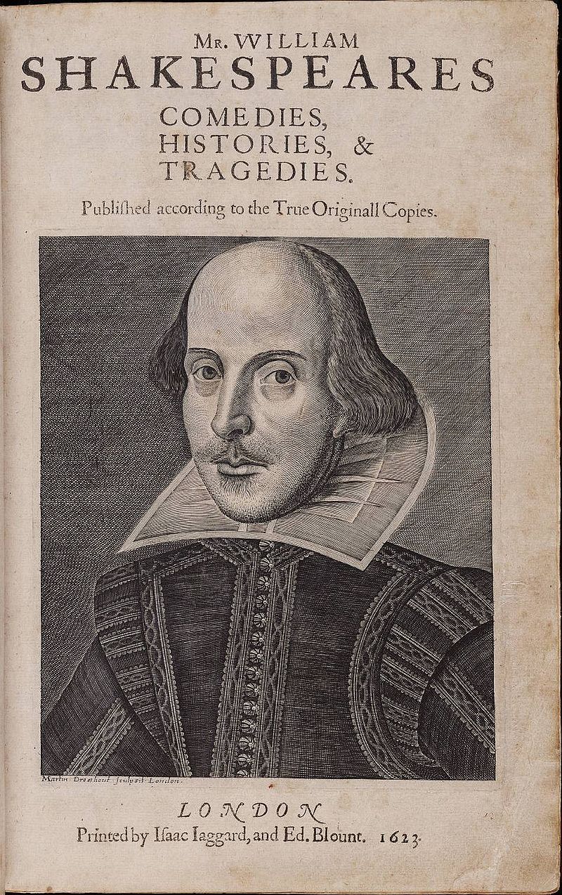 Title page of the First Folio, 1623. Copper engraving of Shakespeare by Martin Droeshout