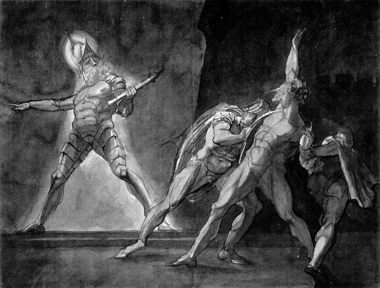 Hamlet, Horatio, Marcellus, and the Ghost of Hamlet's Father. Henry Fuseli, 1780–5. Kunsthaus Zürich.
