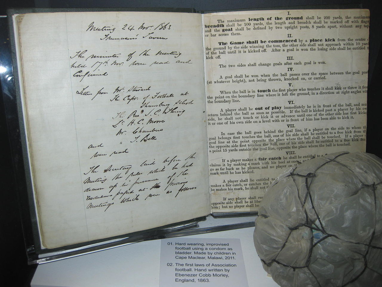 The original hand-written 'Laws of the Game' drafted for and on behalf of The Football Association by Ebenezer Cobb Morley in 1863 on display at the National Football Museum, Manchester.