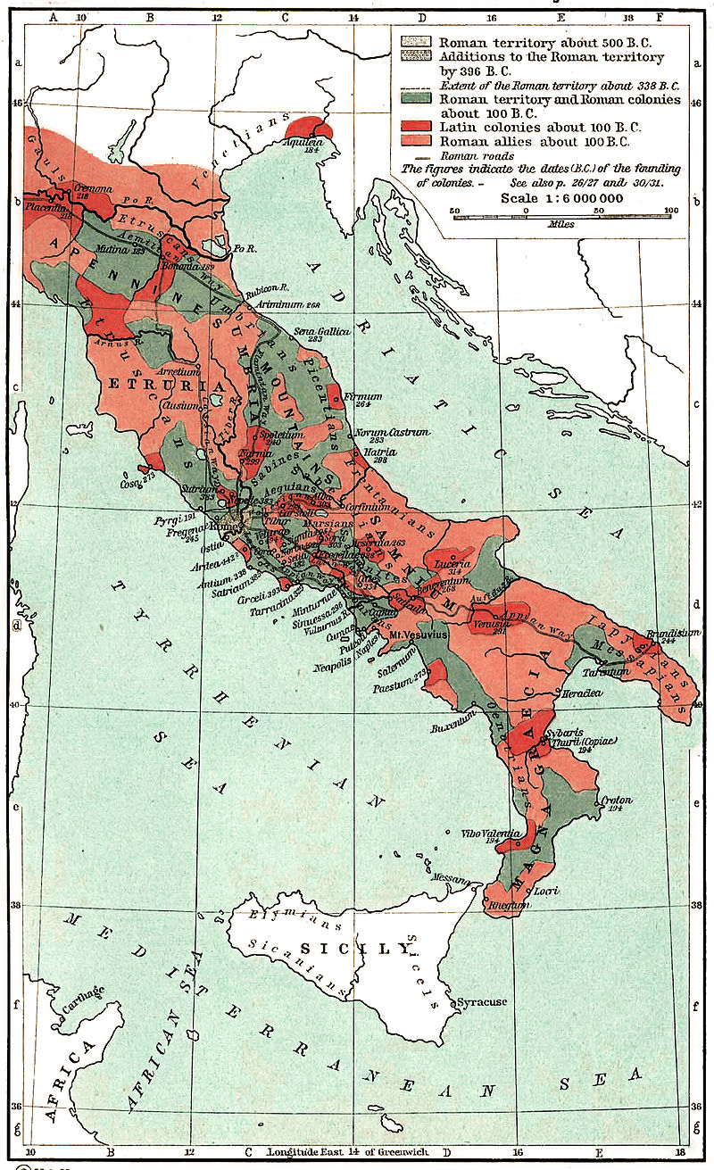 Map of the Roman confederation in 100 BC, on the eve of the Social War. Note the patchwork political configuration. The Roman possessions (in grey-blue) straddle the strategic centre of the Italian peninsula and the Tyrrhenian coastal plain. Latin colonies (dark red) are scattered in strategic locations. Other socii (pink) are concentrated in the mountainous interior.