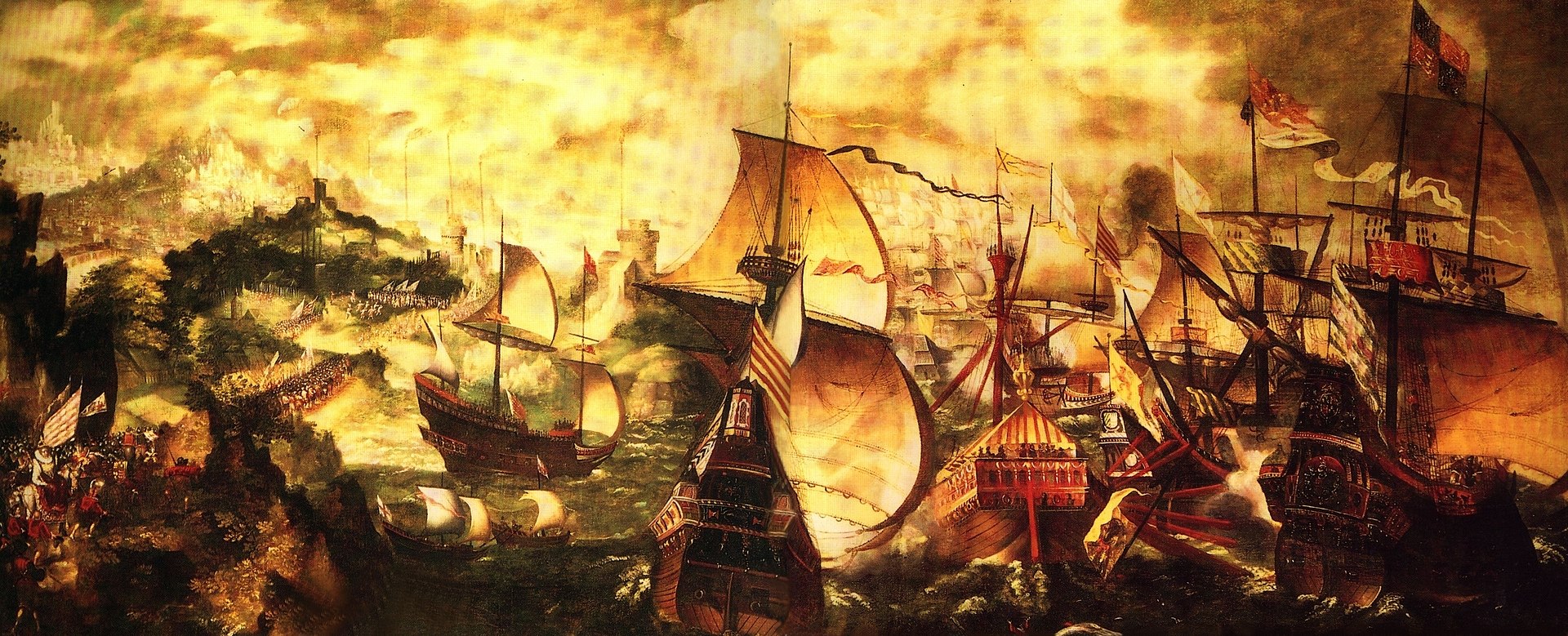 Elizabeth I and the Spanish Armada; the Apothecaries painting, sometimes attributed to Nicholas Hilliard. A stylised depiction of key elements of the Armada story: the alarm beacons, Queen Elizabeth at Tilbury, and the sea battle at Gravelines.