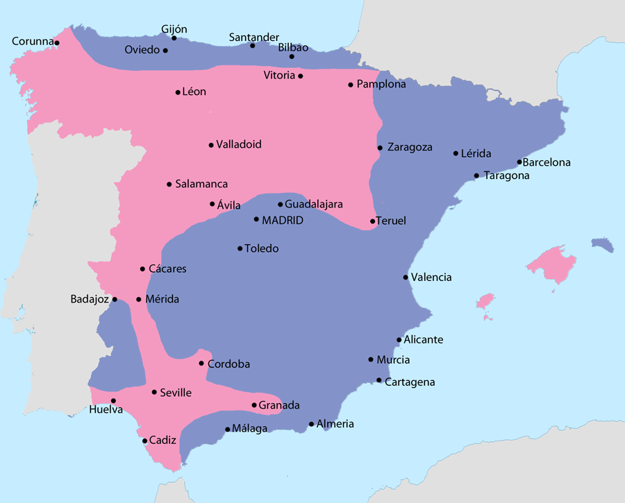 Map showing Spain in September 1936