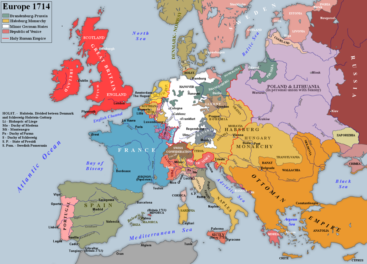 Europe in 1714 at the end of the War of the Spanish Succession