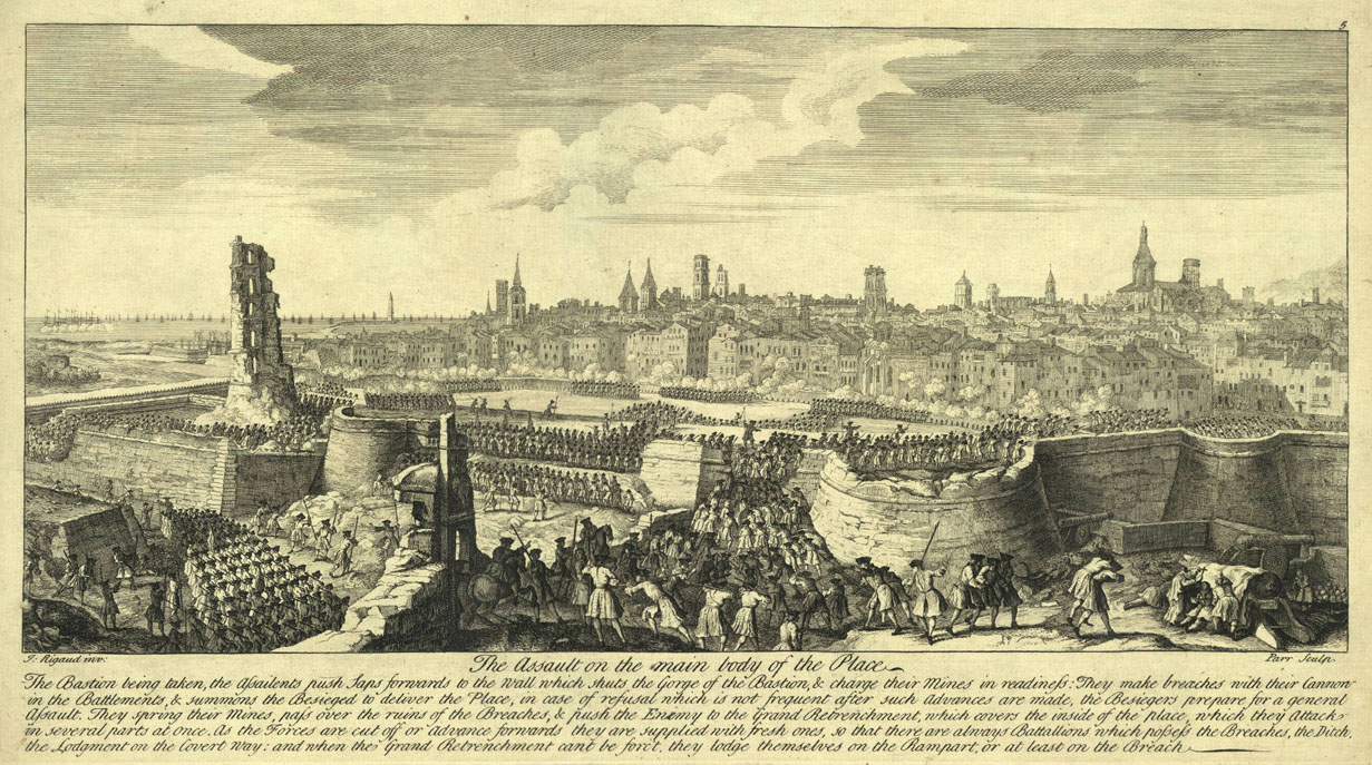 Assault and conquest of Barcelona. Engraving by Martin Engelbrecht