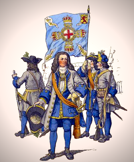 Infantry of the Dutch States Army. A musketeer (left), two ensigns (centre), grenadier (right)