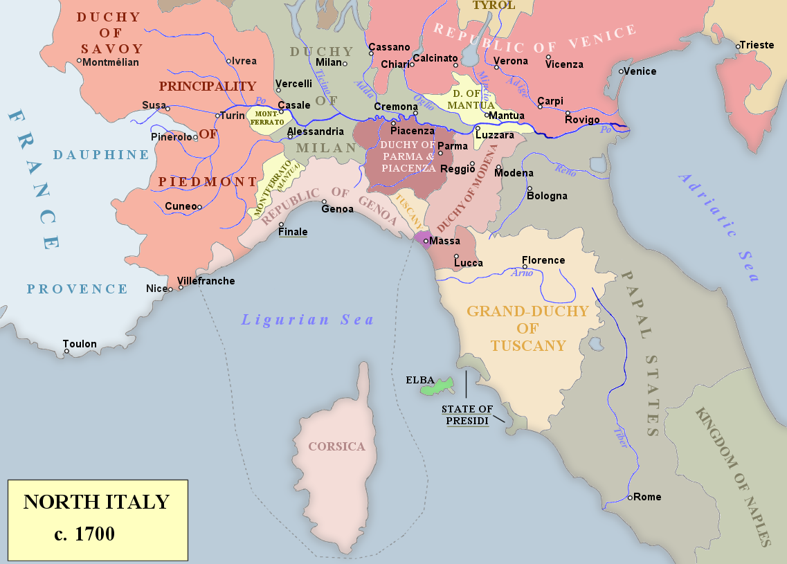 North Italy. Spanish realms in Italy comprised the Kingdoms of Naples, Sicily, and Sardinia, the Duchy of Milan, the Marquisate of Finale, and the State of Presidi