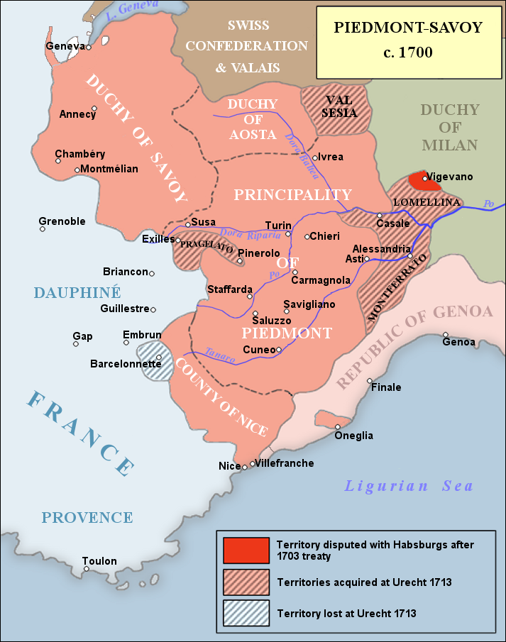 Duchy of Savoy. Victor Amadeus II's lands c. 1700 comprised the Duchy of Savoy, the Principality of Piedmont, the Duchy of Aosta, the County of Nice, and the tiny Principality of Oneglia