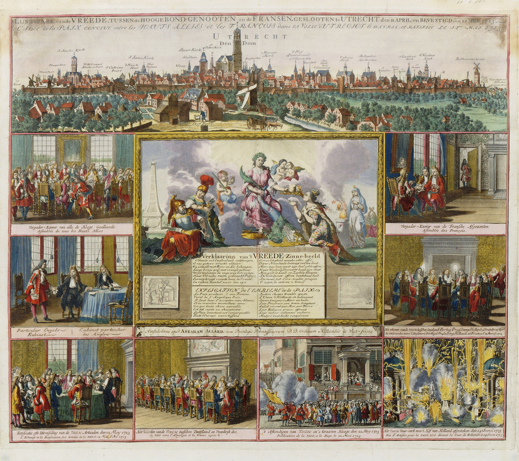 Treaty of Utrecht. Colour print by Abraham Allard, 18th century