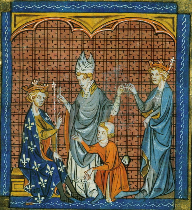 Early 14th-century depiction of Henry and Philip Augustus taking the cross for the Third Crusade