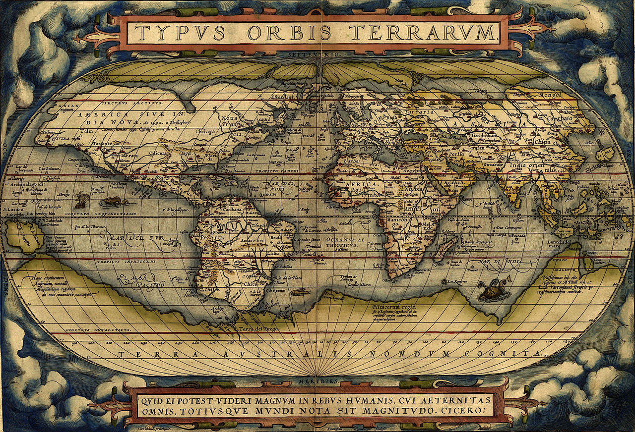 World map by Ortelius, 1570, incorporating new discoveries by Europeans