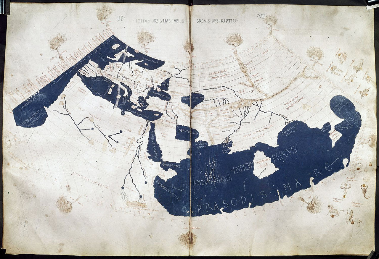 A mid-15th century Florentine map of the world based on Jacobus Angelus's 1406 Latin translation of Maximus Planudes's late-13th century rediscovered Greek manuscripts of Ptolemy's 2nd-century Geography. Ptolemy's 1st (modified conic) projection