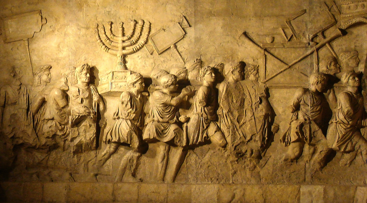 The Menorah of the Temple of Jerusalem, shown carried in the triumphal procession of Titus along with spoils from the Temple on the Arch of Titus in Rome