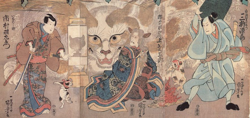 Ume no Haru Gojūsantsugi (梅初春五十三駅) by Utagawa Kuniyoshi. A kabuki that was performed in 1835 (Tenpo 6) in Ichimura-za. It depicts a cat that has shapeshifted into an old woman, a cat wearing a napkin and dancing, and the shadow of a cat licking a lamp