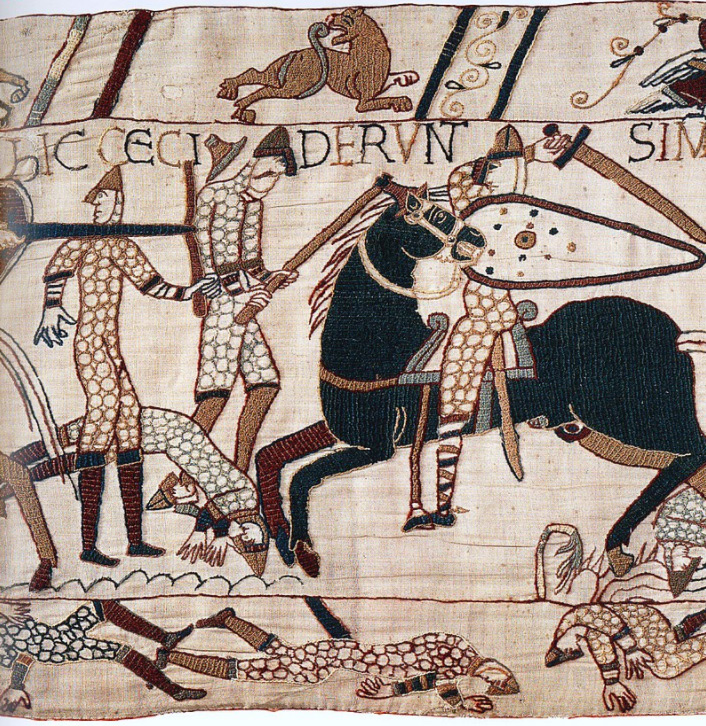 Scene from the Bayeux Tapestry showing mounted Norman cavalrymen fighting Anglo-Saxon infantry