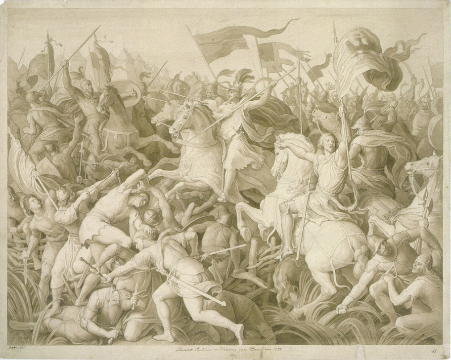 Battle of Rudolph of Habsburg against Ottokar of Bohemia. A drawing by Julius Schnorr von Carolsfeld, 1835