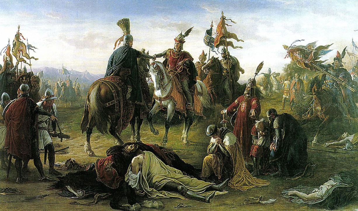 Kings Ladislaus and Rudolph of Habsburg meet over the dead body of King Ottokar. A romantic painting by Mór Than, 1872. Such patriotic-tinged works were common in the Czech, German or Hungarian settings during the 19th century