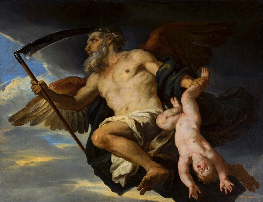 Chronos and his child by Giovanni Francesco Romanelli, National Museum in Warsaw, a 17th century depiction of Titan Cronus as Father Time, wielding a harvesting scythe.