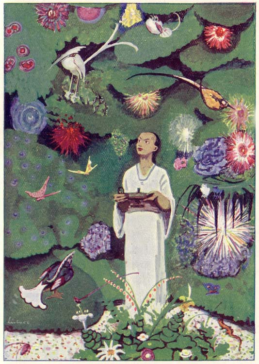 Aladdin in the Magic Garden, an illustration by Max Liebert from Ludwig Fulda's Aladin und die Wunderlampe