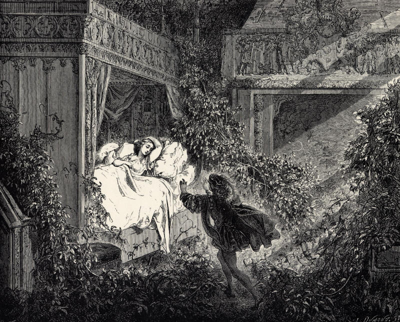 Illustration for Charles Perrault's La Belle au Bois Dormant from Histoires ou Contes du Temps passé: Les Contes de ma Mère l'Oye (1697). Gustave Doré's illustrations appear in an 1867 edition entitled Les Contes de Perrault. Sixth of six engravings