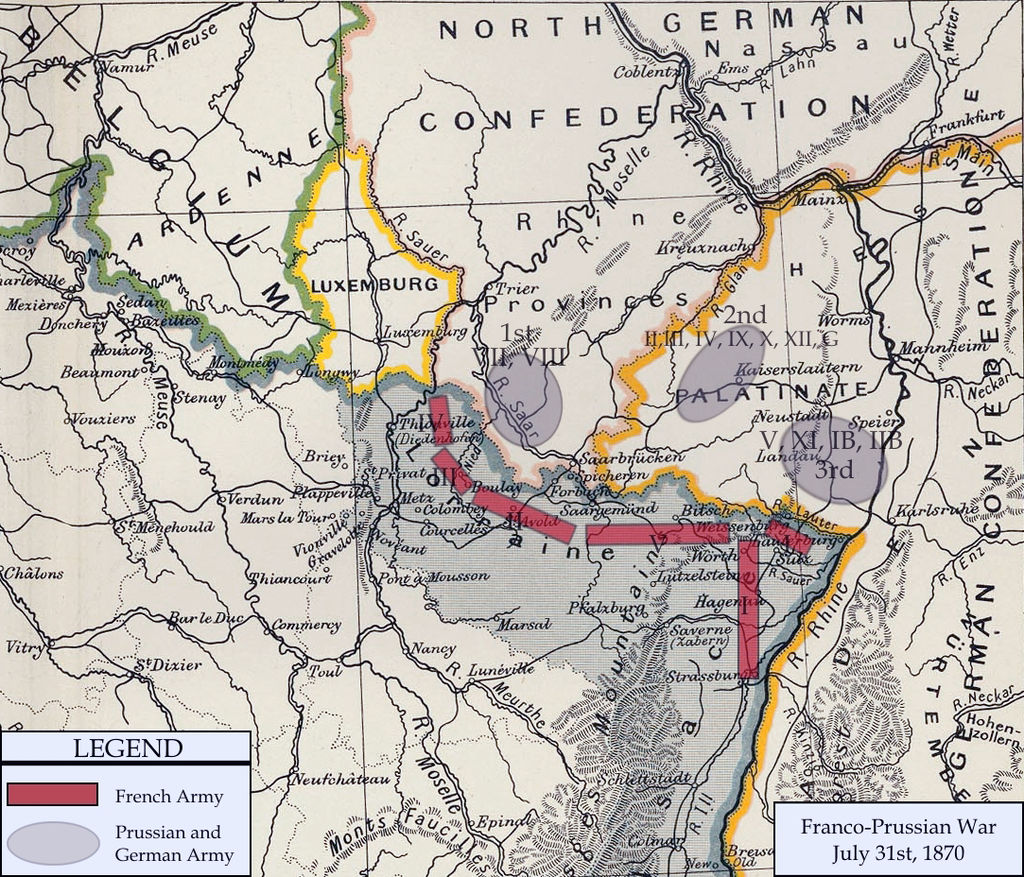 Map of German and French armies near their common border on 31 July 1870