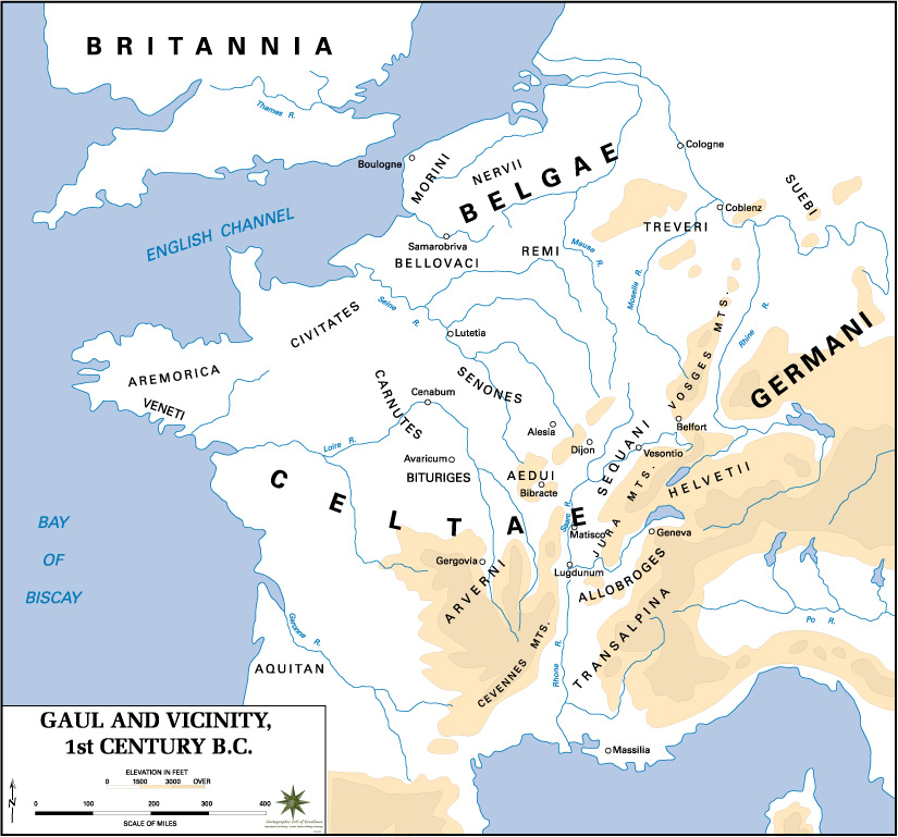 A map of Gaul in the 1st century BC, showing the relative positions of the Helvetii and the Sequani