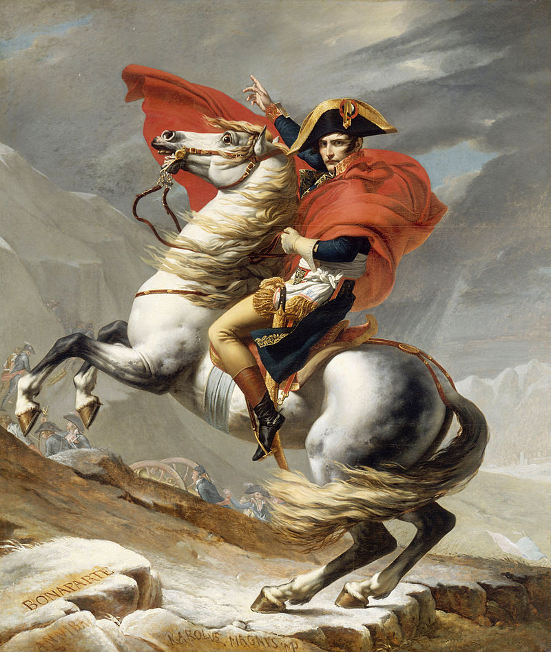 Napoleon Crossing the Alps, romantic version by Jacques-Louis David in 1805