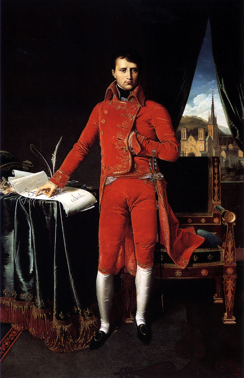 Bonaparte, First Consul, by Ingres. Posing the hand inside the waistcoat was often used in portraits of rulers to indicate calm and stable leadership