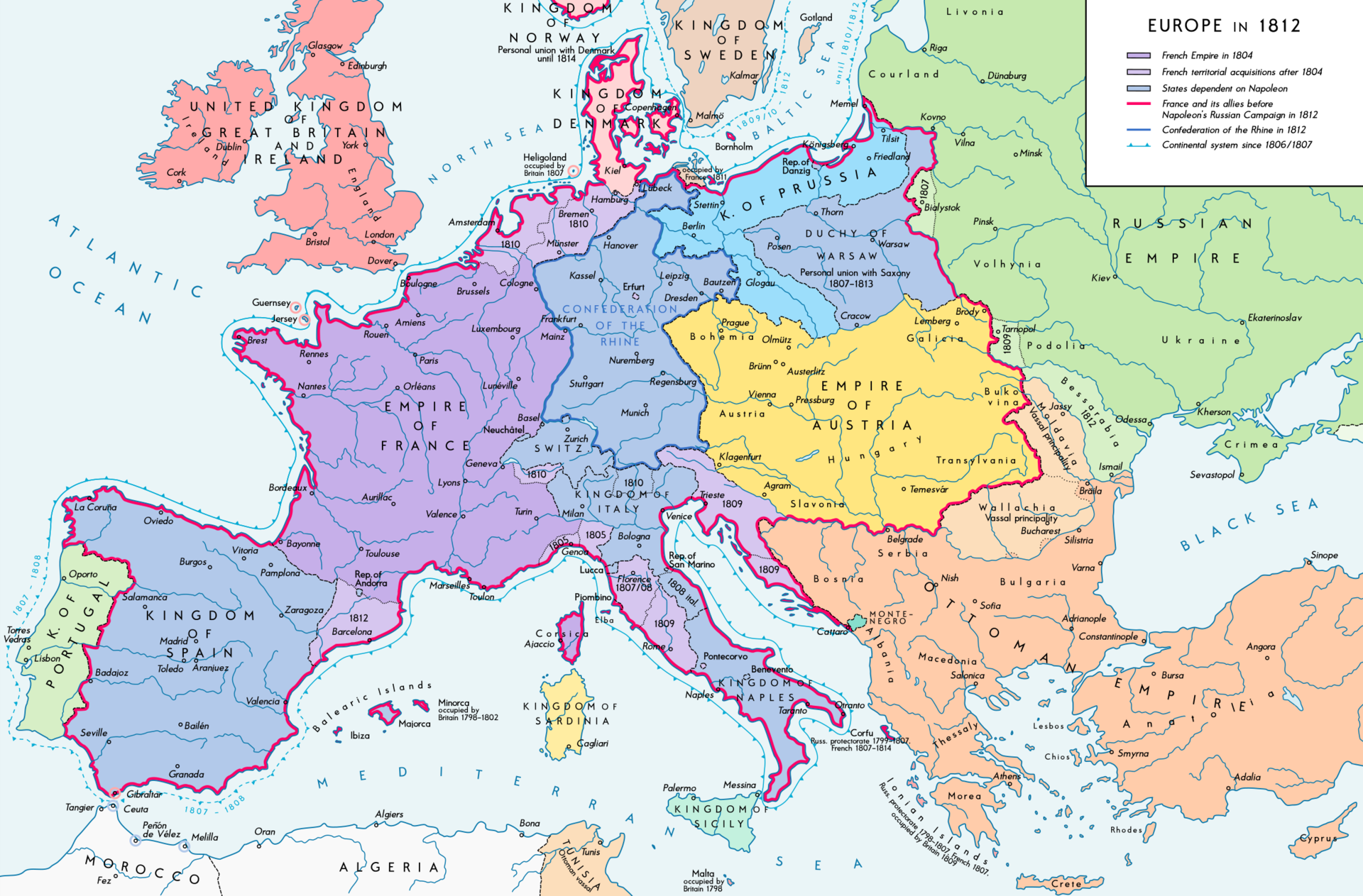 The French Empire in Europe in 1812, near its peak extent