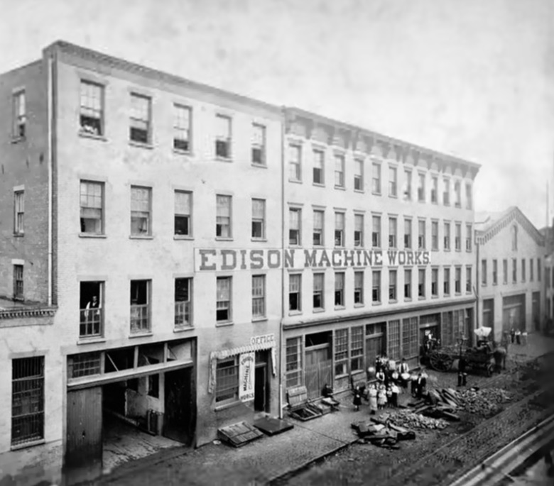 An 1881 photograph of the The Edison Machine Works located on Goerck Street, Manhattan by Edison employee Charles L. Clarke. The Edison Machine Works was a manufacturing company set up to produce dynamos, large electric motors, and other components of the electrical illumination system being built by Thomas A. Edison in New York City in the 1880s. This section of lower east Manhattan was cleared in the 1950s to make way for the large Baruch Houses housing project so the building and Goerck Street itself no longer exists.
